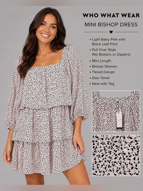 Who What Wear Dresses & Skirts - Who What Wear Mini Bishop Dress NWT Size Small Light Baby Pink Black Leaf Print